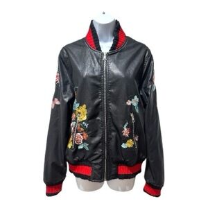 Groovy Monkey Black Floral Embroidered Statement Bomber Jacket Size L